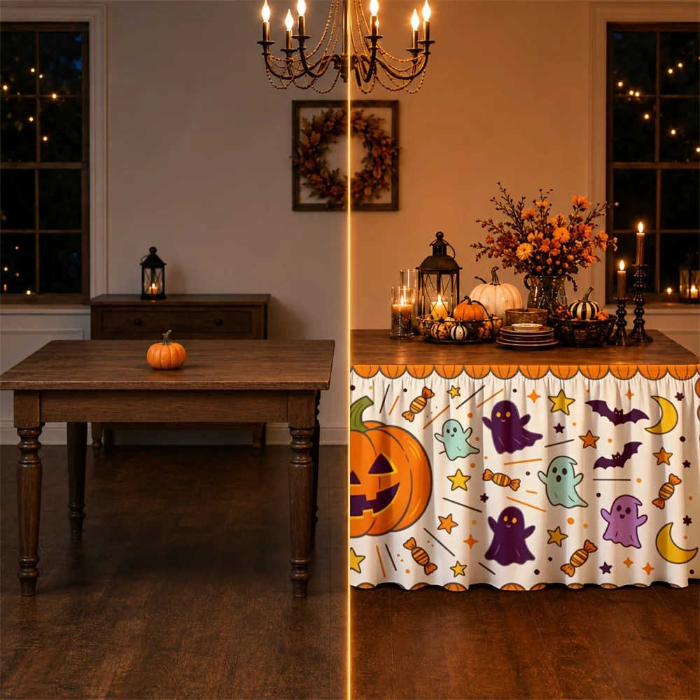 One table skirt. Halloween pumpkin, ghost, bat, moon, candy, corn pattern table skirt. Polyester, festive, scary.zyc
