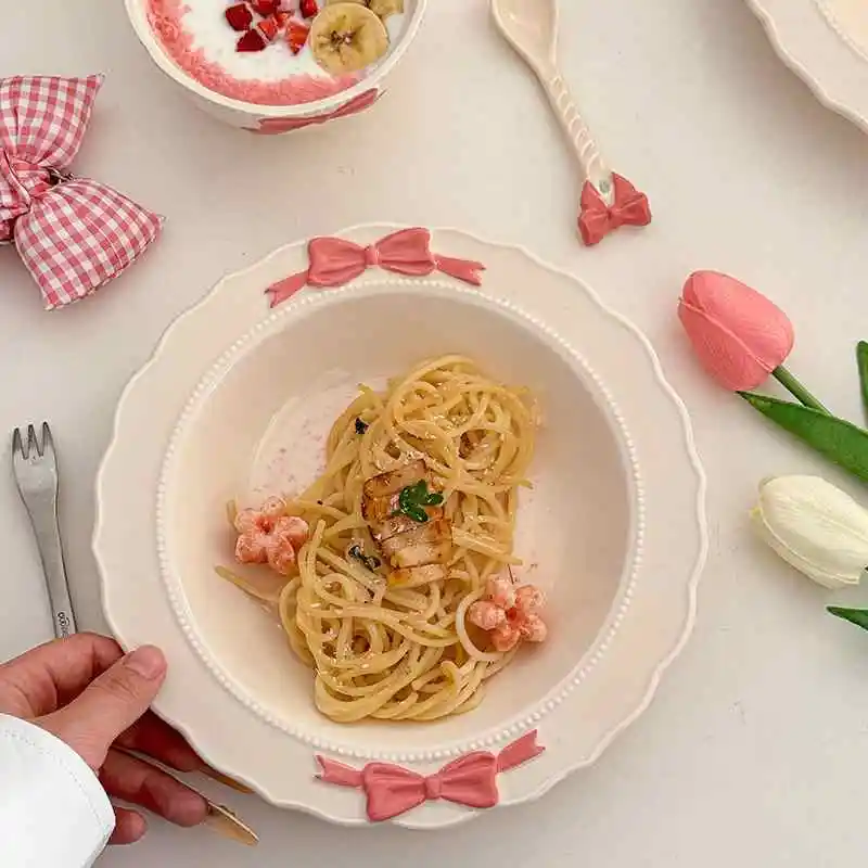 

Romantic Bow Decorative Tableware Delicate Bead Dots Dessert Bowl Western Steak Plate Soup Plates Spoon Kitchen Supplies