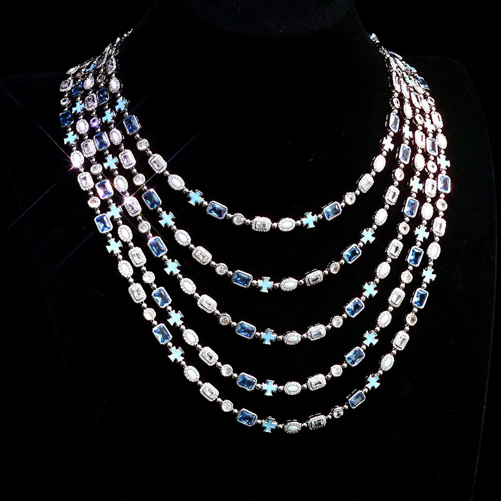 

Ladies' Blue Gemstone Necklace Drip Oil Cross Pendant Ice CZ Stone Opal Series Necklace Fashion Hip Hop Jewelry