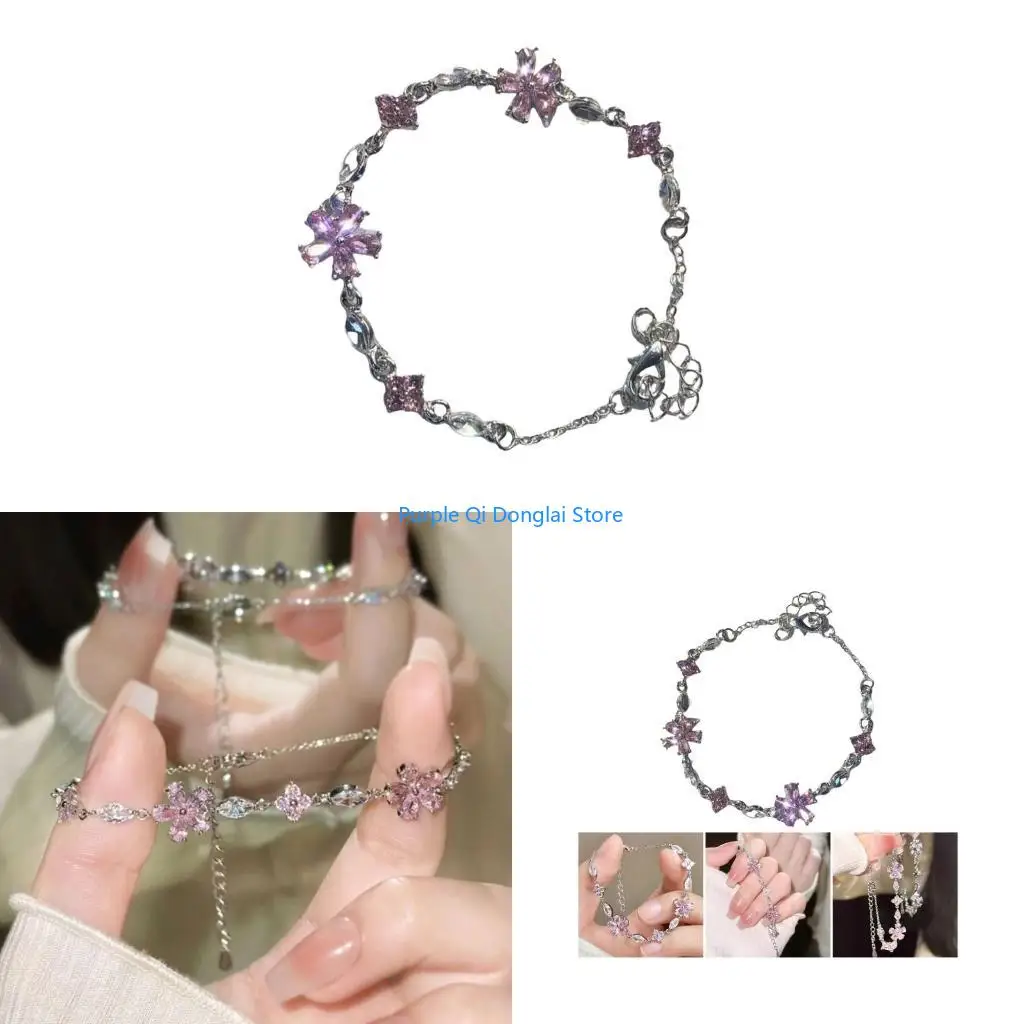 L21E Fashionable Pink Zircon Cherry Bracelet Lovely Pink Crystal Cherry Wrist Chain Jewelry Wristband for Women and Girls
