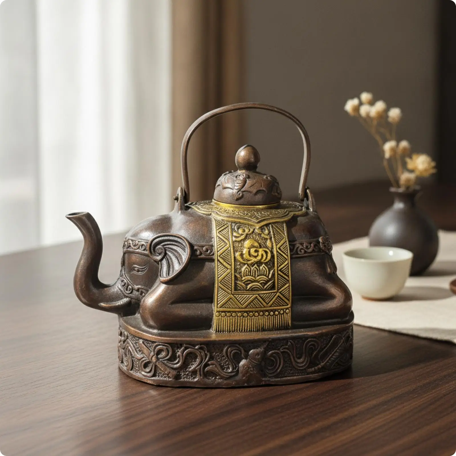 Elephant Teapot Antique-Style Elephant Figurine Gilt for Tea Corner, Collectors