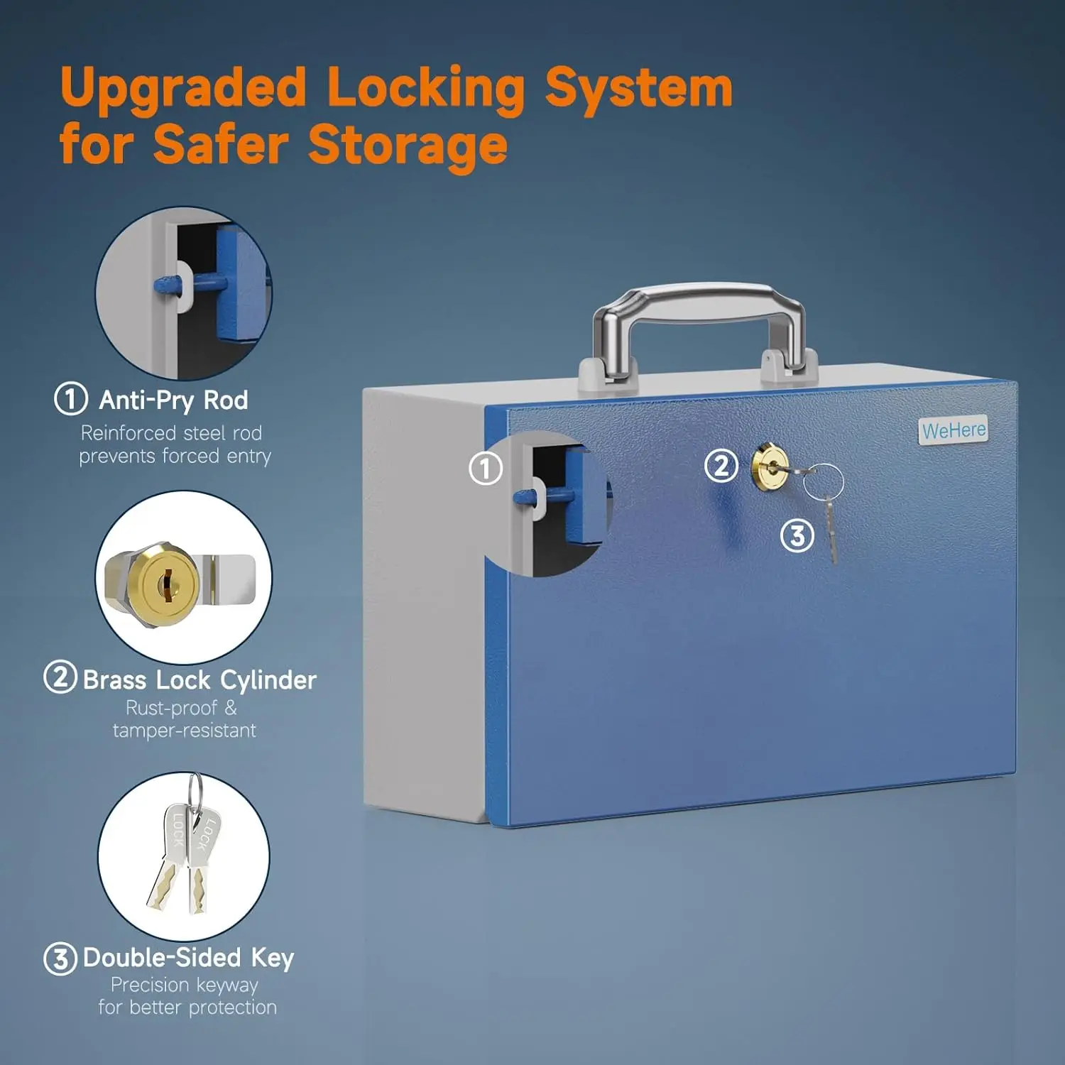 WeHere Locking Safe Box with Key, Heavy Duty Metal Lock Box for Cash, Documents, Valuables, Fireproof Bag, Portable Security Box