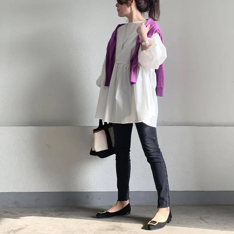 Japan Style Simple Lantern Sleeve Shirts Back And Forth Two Ways Wear O-necl Pullover Blouses 2024 New Chic Elegant Blusas