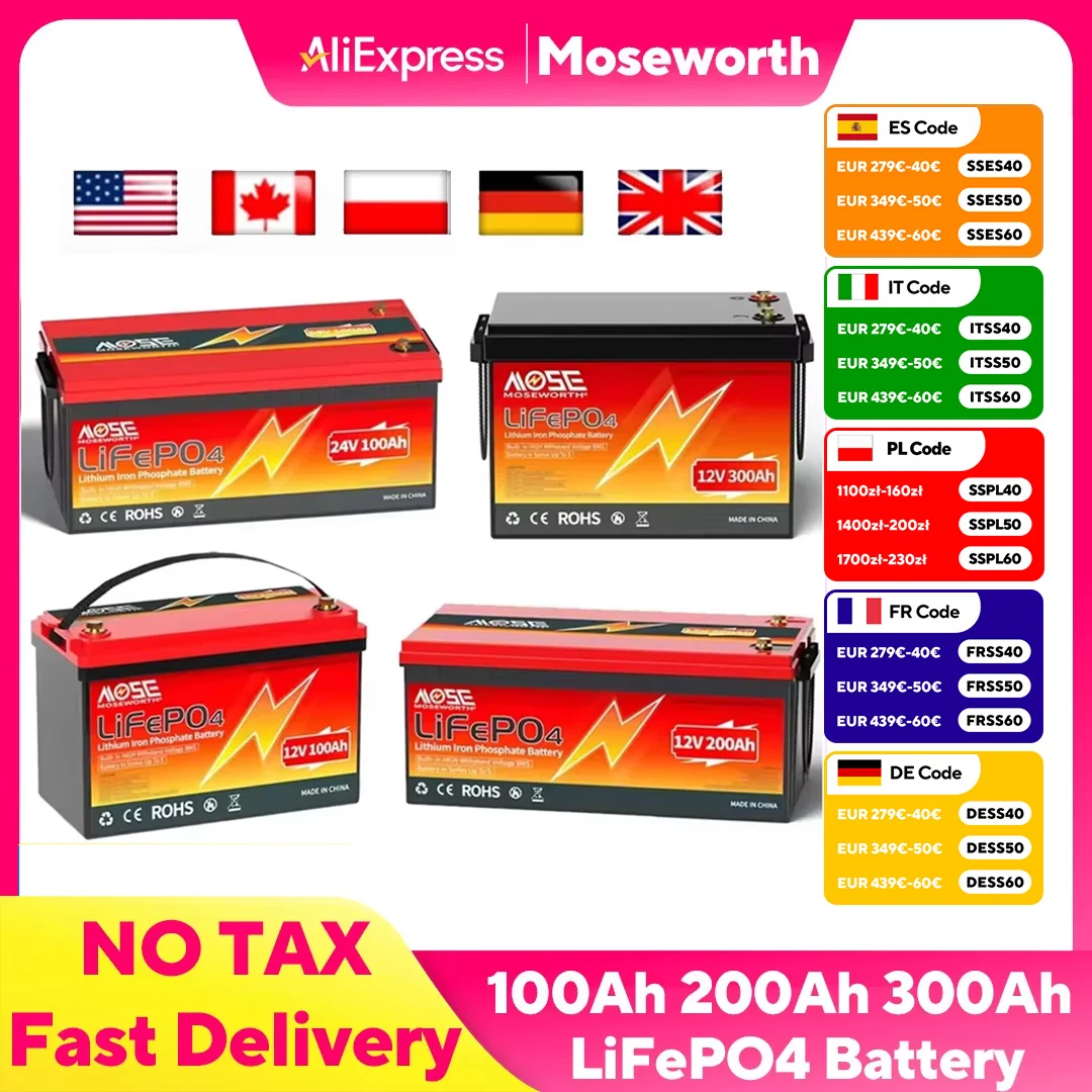

12V 100Ah 200Ah 300Ah 24V 60Ah LiFePO4 Battery Lithium Batteries with BMS 6000+ Cycles Rechargeable Grade A Cells for RV Solar