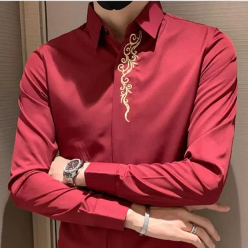 Spring and Autumn Men's Standing Collar Solid Color Slim Fit Embroidered Button Casual Fashion Elegant Commuter Long SleeveShirt