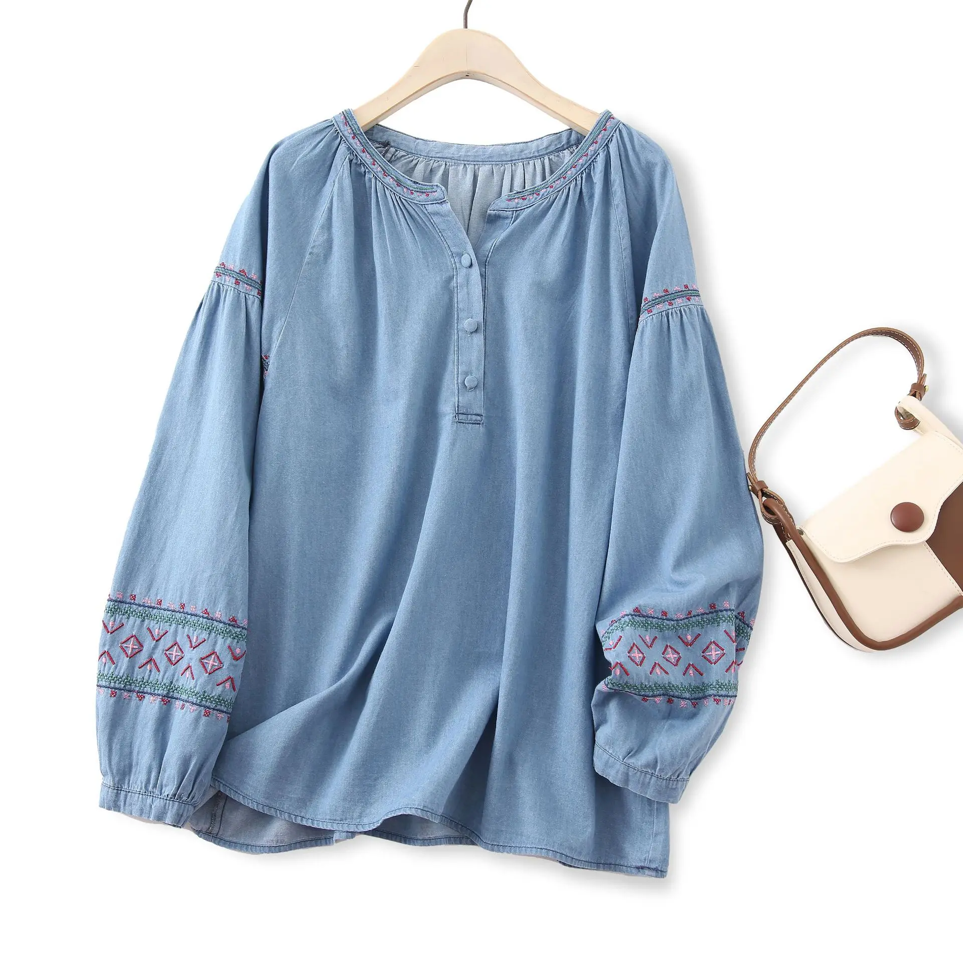 New 2025 Autumn Long Sleeve Denim Shirt, Women O Neck Embroidery Buttons, Mori Girl French Retro Versatile Loose Blouse T59948CC