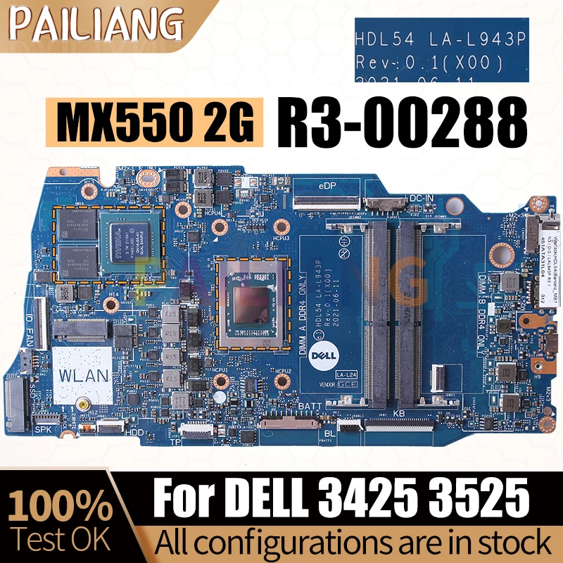 

For Dell 3425 3525 Notebook Mainboard Laptop LA-L943P R3-00288 GN18-S5-A1 MX550 2G Motherboard Full Tested