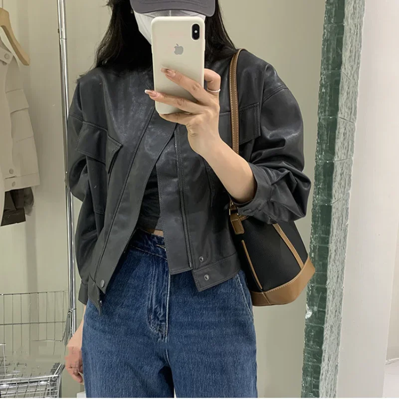 

Jackets Women Vintage Cropped OL PU Leather American Style Fashionable Loose Leisure New Pure Ulzzang Chic Minimalist Streetwear