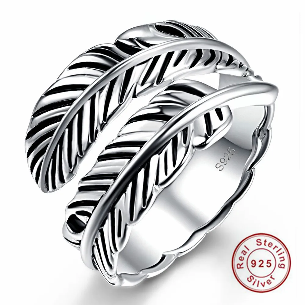 

925 Sterling Silver Opening Ring Surrounded Retro Feathers Ring for Women Wedding Engagement AAA Quality