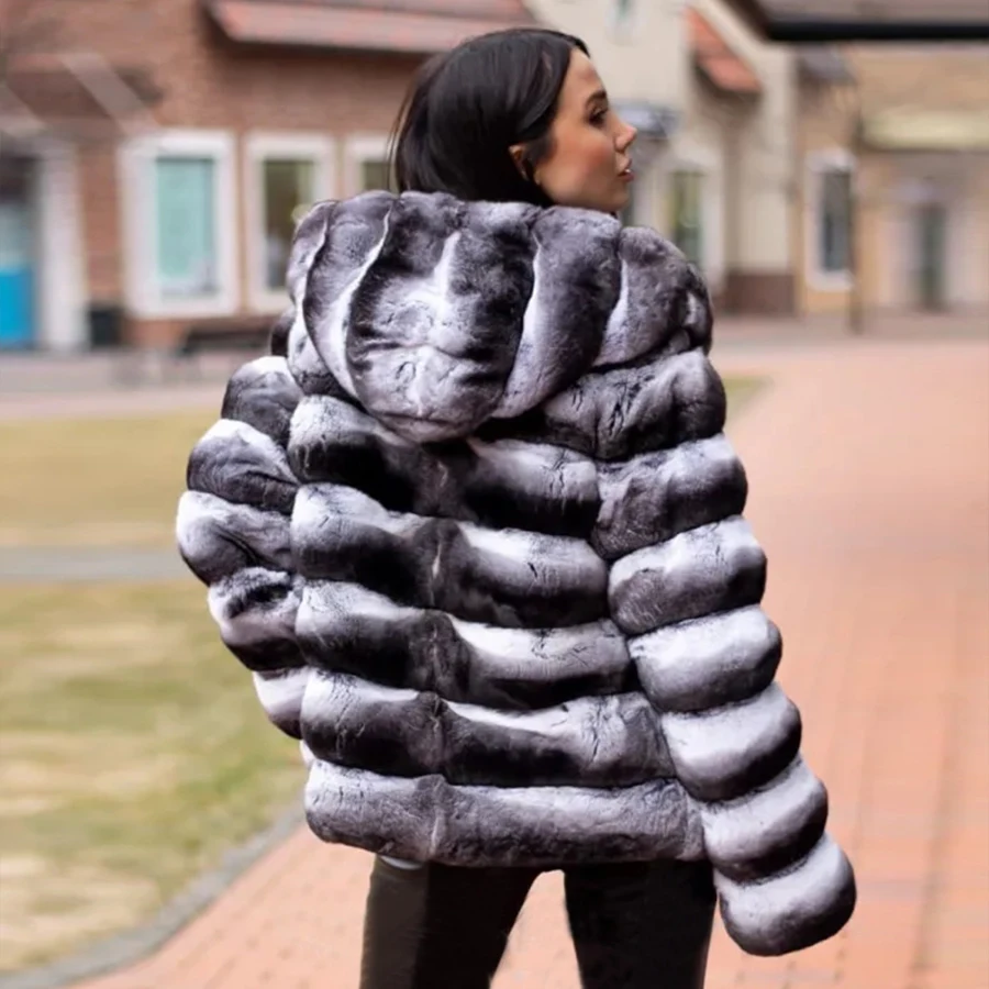 Ladies Rex Rabbit Fur Coat Hot Sales Styles Chinchilla Real Fur Coat Women Winter Hooded Jacket High Quality