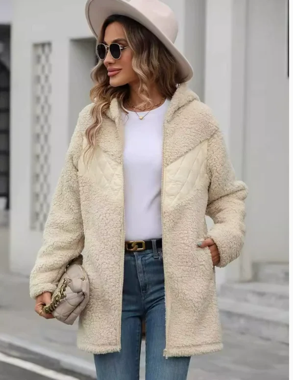 

Winter Women Coat 2025 Plush Hooded Jacket Long Sleeve Soft Zipper Cardigan Thick Warm Patchwork Solid Lady Outer Garment