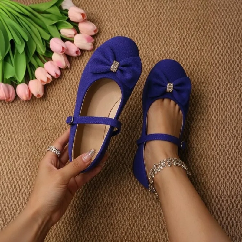 Women's Mary Janes Round Toe Flat Heel Suede Look Texture Bow Rhinestone Accent Casual Outdoor Walking Daily Travel Walking Shoe