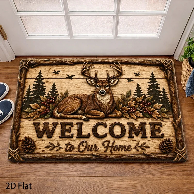 Deer Antler Forest Welcome Rustic Wood Carved Frame Pine Tree Bird  Non Slip  Mat For Cabin Style Home Entrance Decor