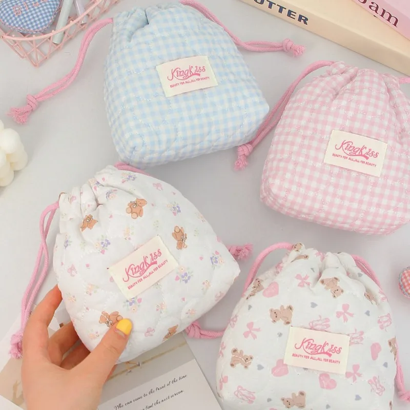 Cartoon Love Bow Quilted Camera Storage Bag for Girls Kawaii Portable Makeup Pouch Cotton Padded Travel Organizer for Women