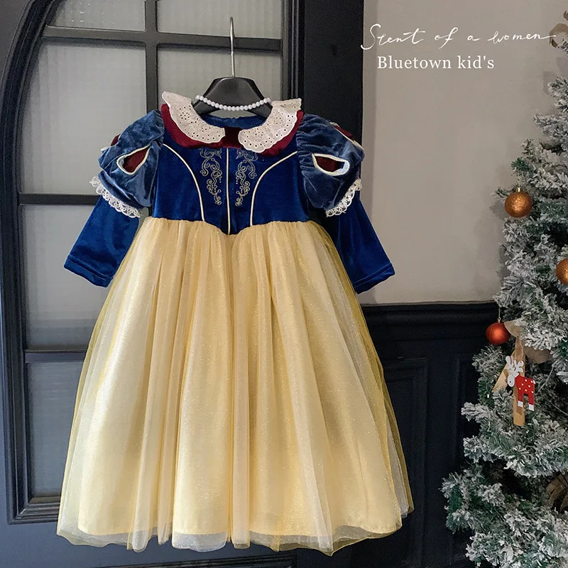Girl's Spring and Autumn Winter Dress Princess with Plush Skirt Heavy Duty Bubble Sleeve Princess Birthday Dress