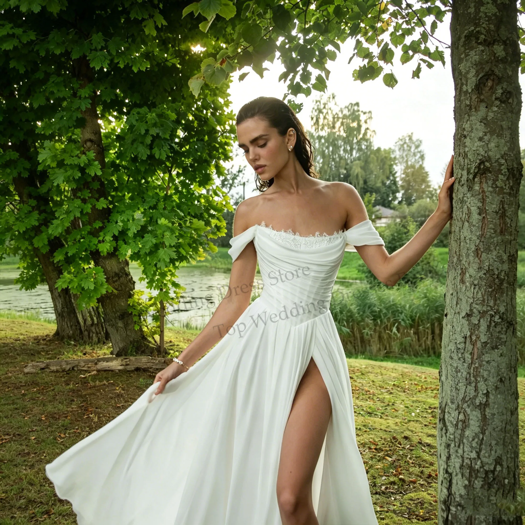 beach wedding dresses with split Chiffon 2026 New Side Strapless Garden Bridal Gowns Lace Up Back Off Shoulder A-Line Customized Fiona Dress in Red collection: shop-by-occasion The sweetheart neckline offers Size:US L