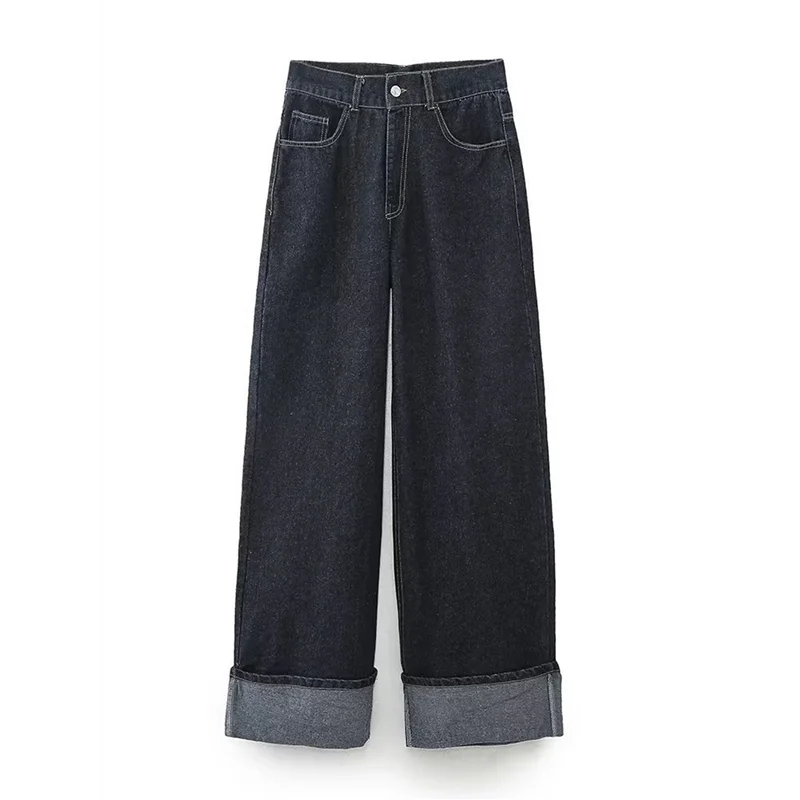 CYL-dames vintage denim set reversjas met lange mouwen en hoge taille jeans met wijde pijpen, tweedelige outfit