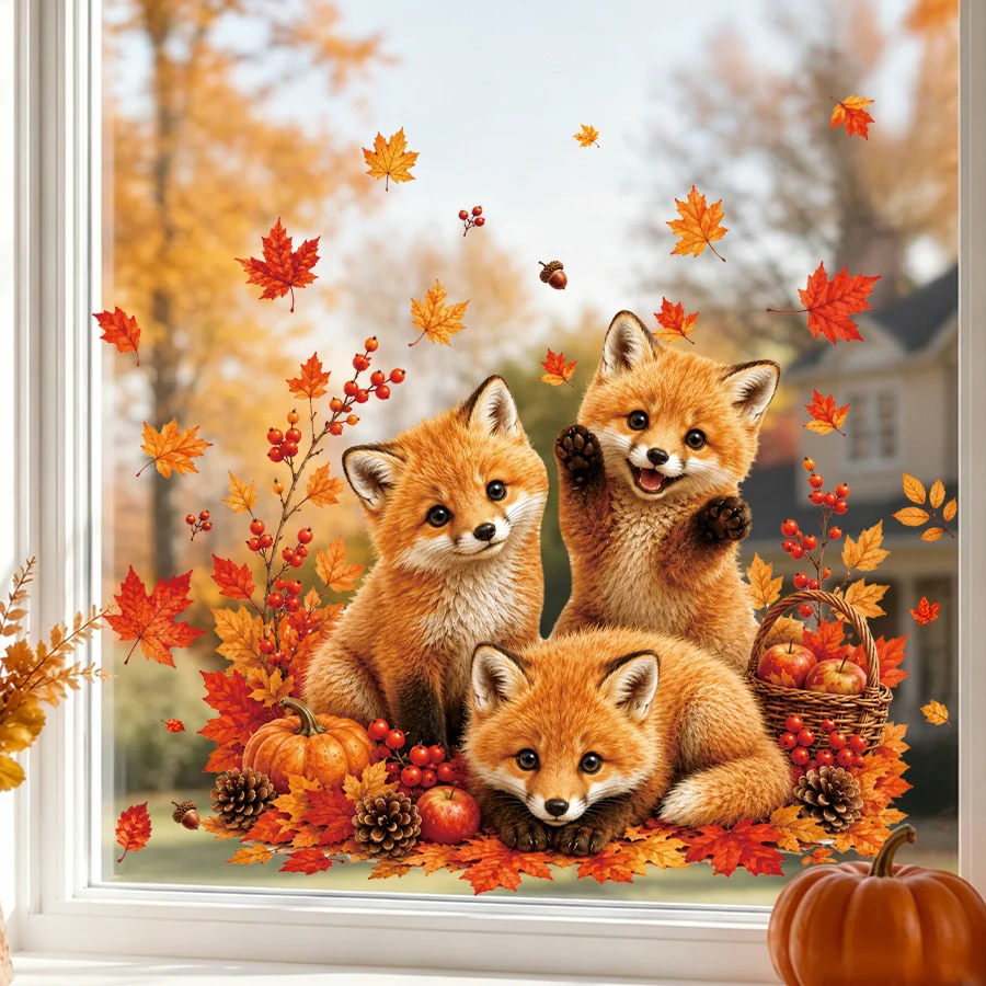 Autumn Window Stickers, Cute Fox Family Decals With Maple Leaves, Fall Thanksgiving Static Cling For Bathroom Kitchen Glass Door