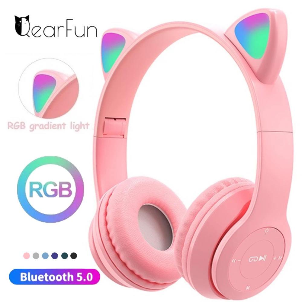 

Pink Girl Wireless Headphones RGB Cute Cat Ears Headset With Microphone Noise Cancelling Kid Stereo Music Casco Children's Gifts