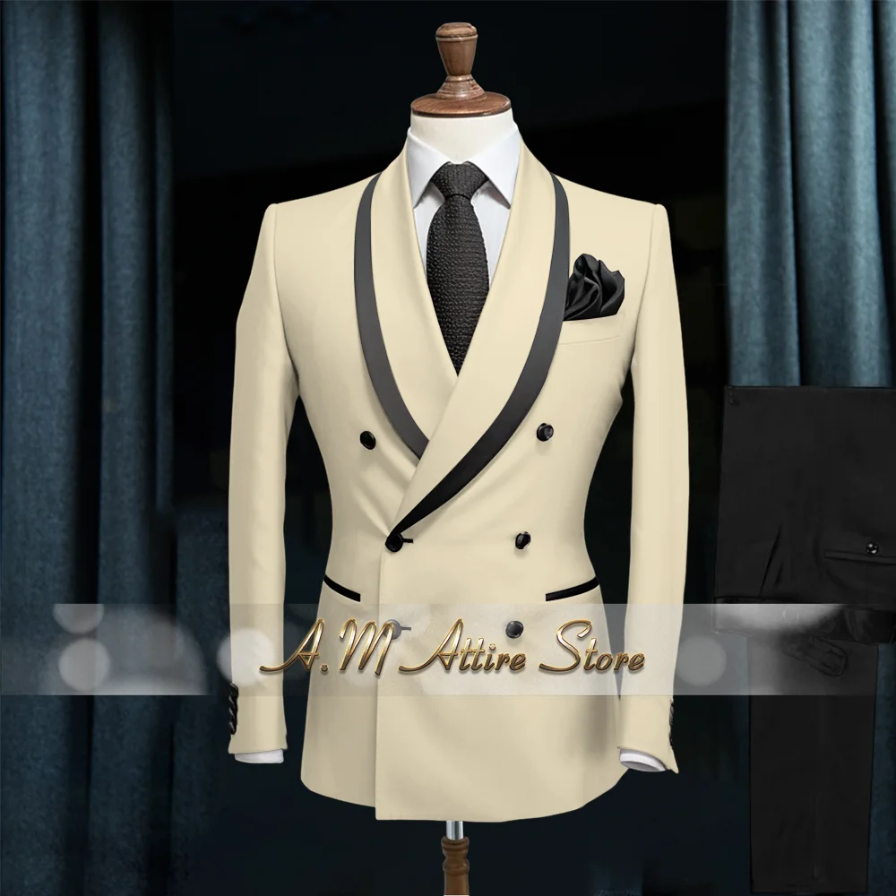 Gray men's elegant suit 2pcs jacket pants double breasted premium twill attire for wedding groom ball dinner Father's Day gift