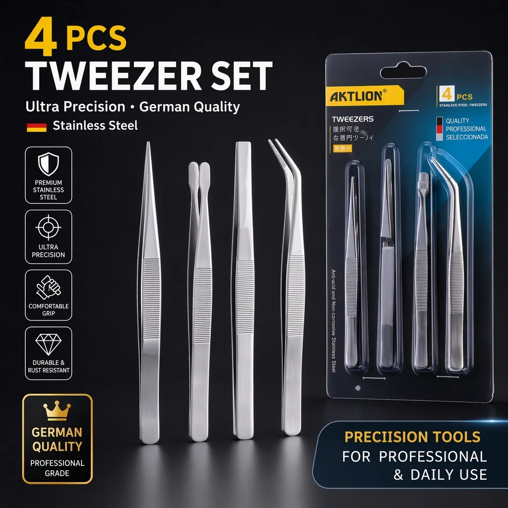 4Pcs Professional Precision Tweezers Set, German Quality Stainless Steel Tweezers for Electronics Repair, Craft & Jewelry, DIY