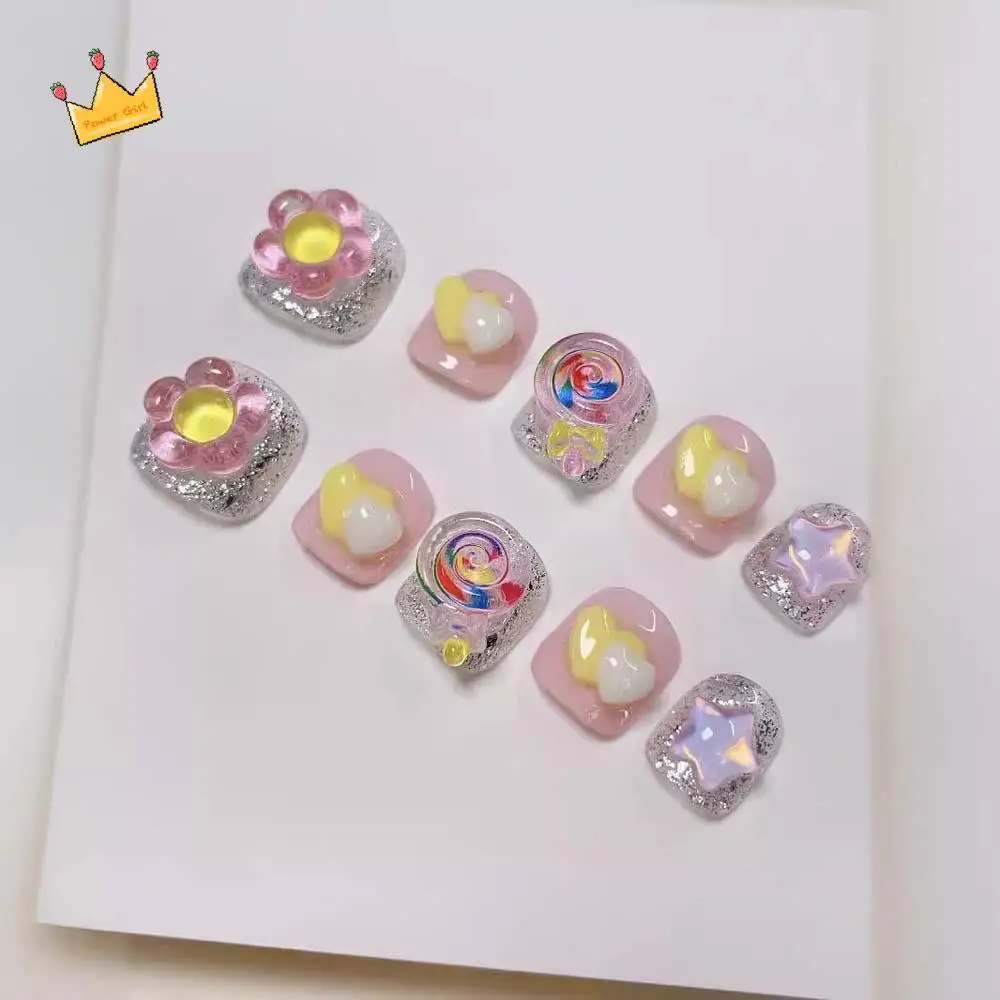 

Cute Lollipop Children False Nails Flower Cartoon Kids Flower Fake Nails Nail Supplies Pink Cartoon Nail Accessories Kids Toys