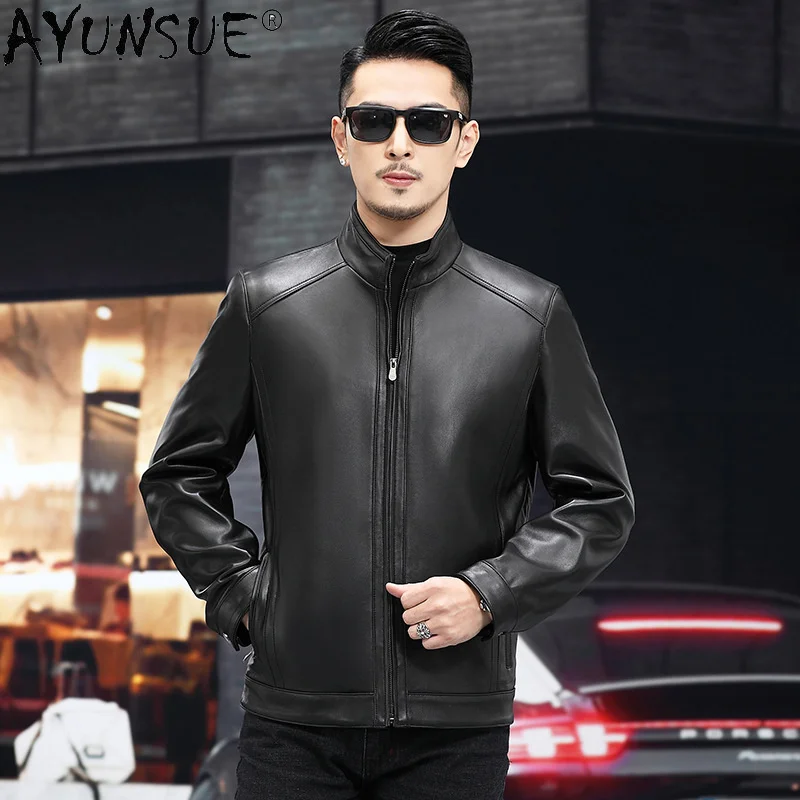 Genuine Sheepskin Jacket for Men Real Leather Coat Business Casual Jackets Standing Collar Black Coats Hot Sale