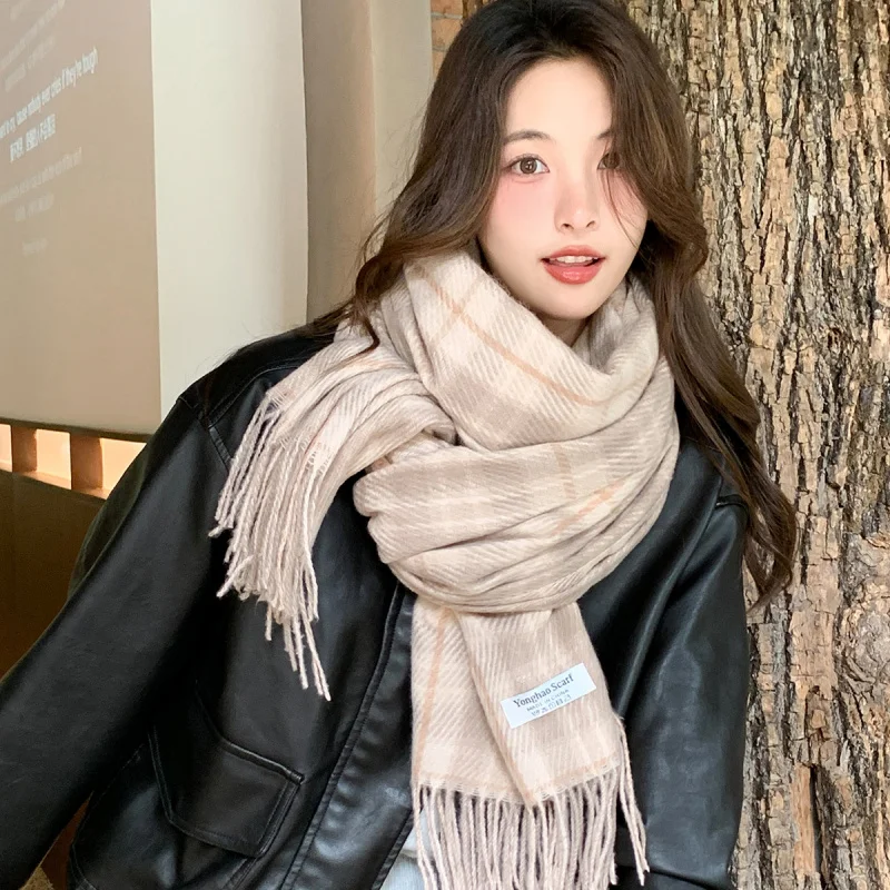 

Женский клетчатый шарф с кисточками в художественную атмосферу, зимняя высококачественная универсальная шаль 2022, элегантный теплый шарф на шею