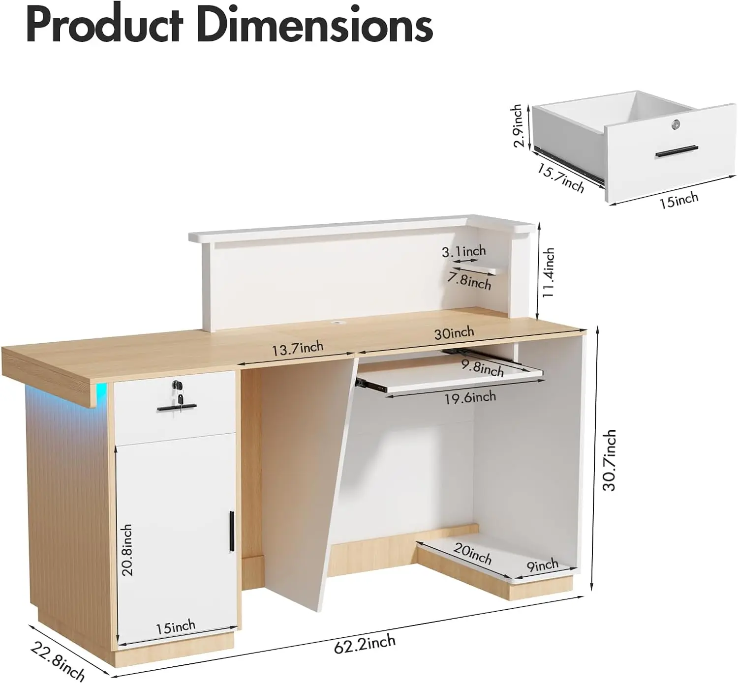 Modern Reception Desk with LED, 63” Fluted Front Desk with Lockable Drawer, Cabinet and Sliding Tray, Large Reception Counter Ta