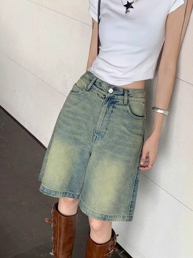 

Retro Distred Blue Jeans High Waist Loose Casual Wide Leg Straight Cut Women's Summer Denim Five-Point Pants