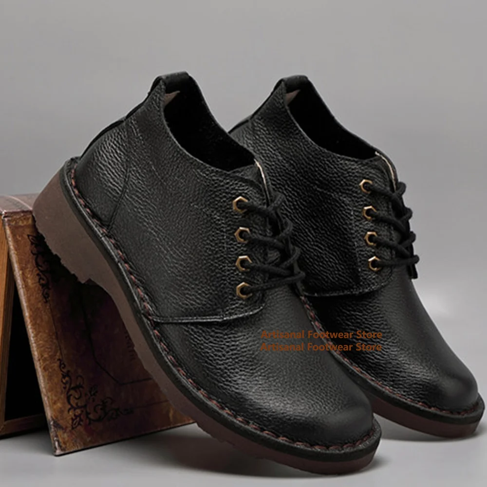Cowhide Leather Casual Shoes for Men Wide Round Toe Workwear Boots Large Size Breathable Casual Thick Soled Leather Shoes