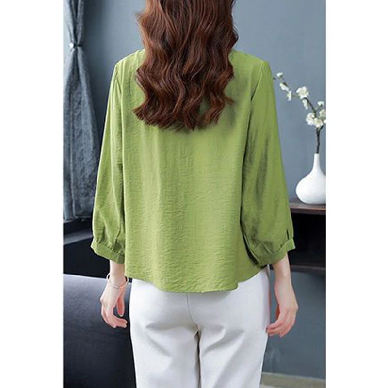 Summer Cotton Linen Embroidery Loose Casual Blouse Lady 3/4 Sleeve Vintage All-match Top Women Fashion Oversized Elegant Shirt