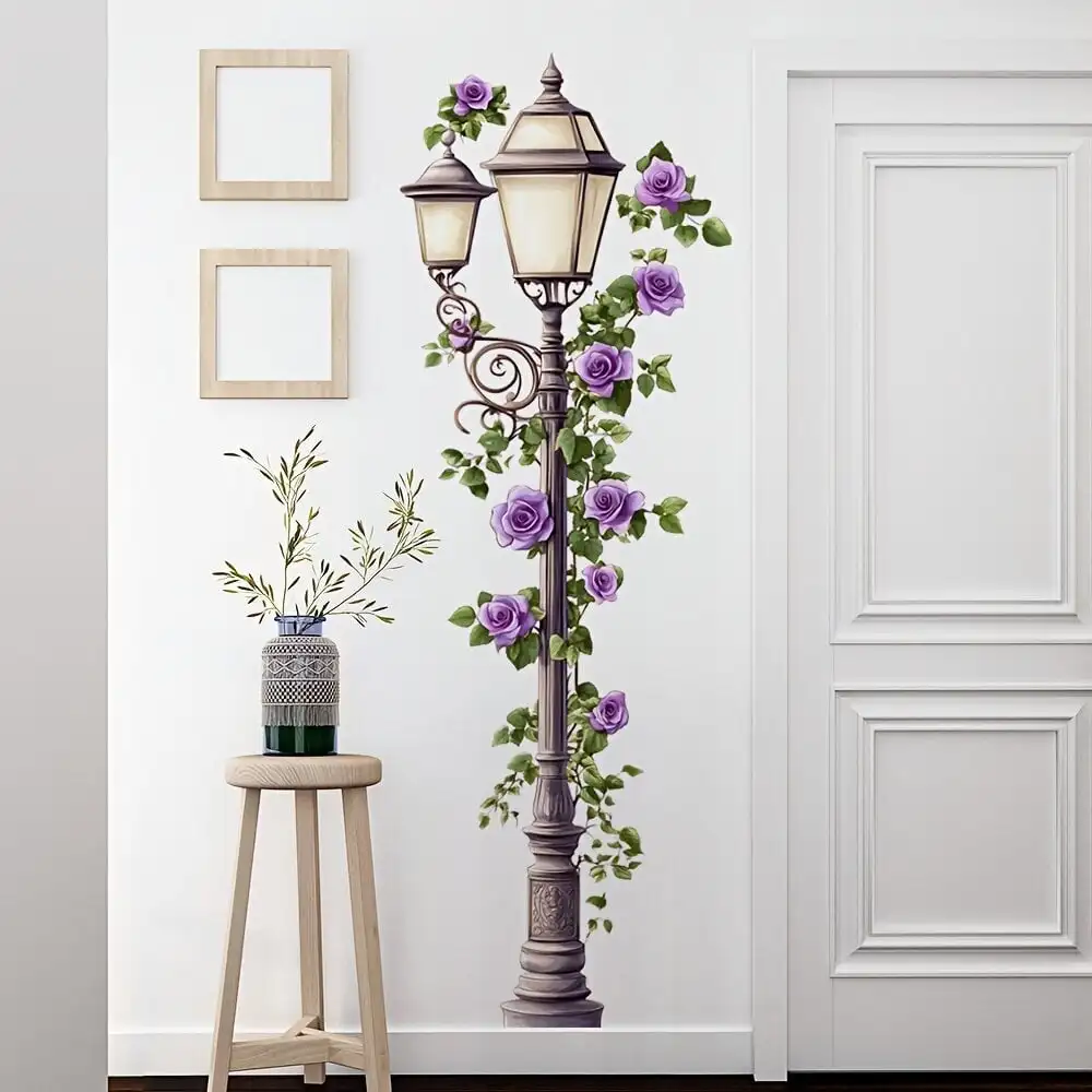 Modern Street Light Flower Vines Wall Stickers Bedroom Living Room Floral Pattern Lamps Wall Decals Playroom Home Decor