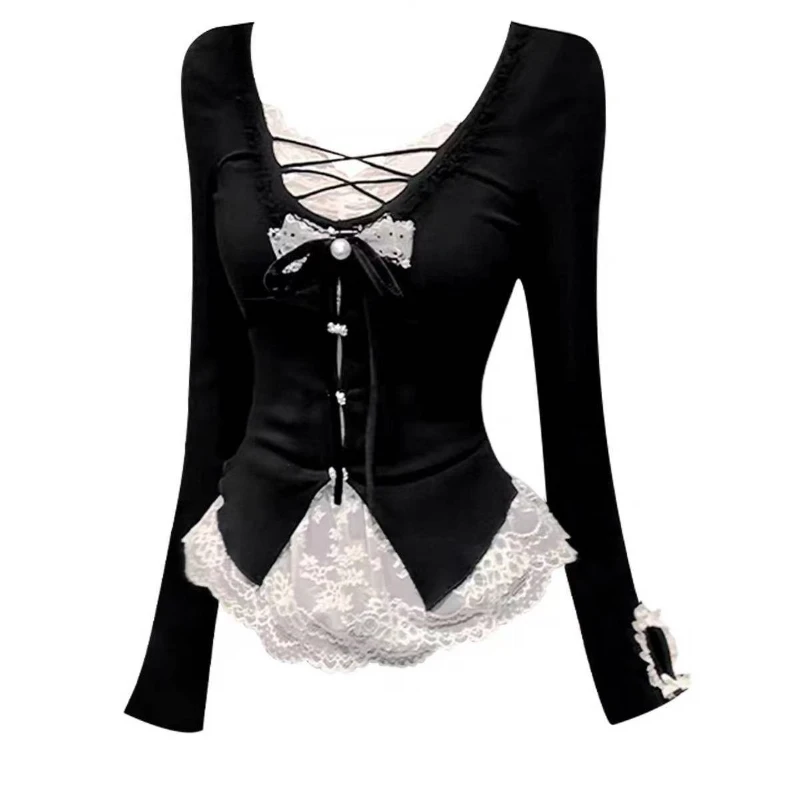 Korean Fashion Elegant Patchwork Lace Tops Slim Casual Long Sleeve Blouse 2000s American Vintage Sweet Pullover Chic