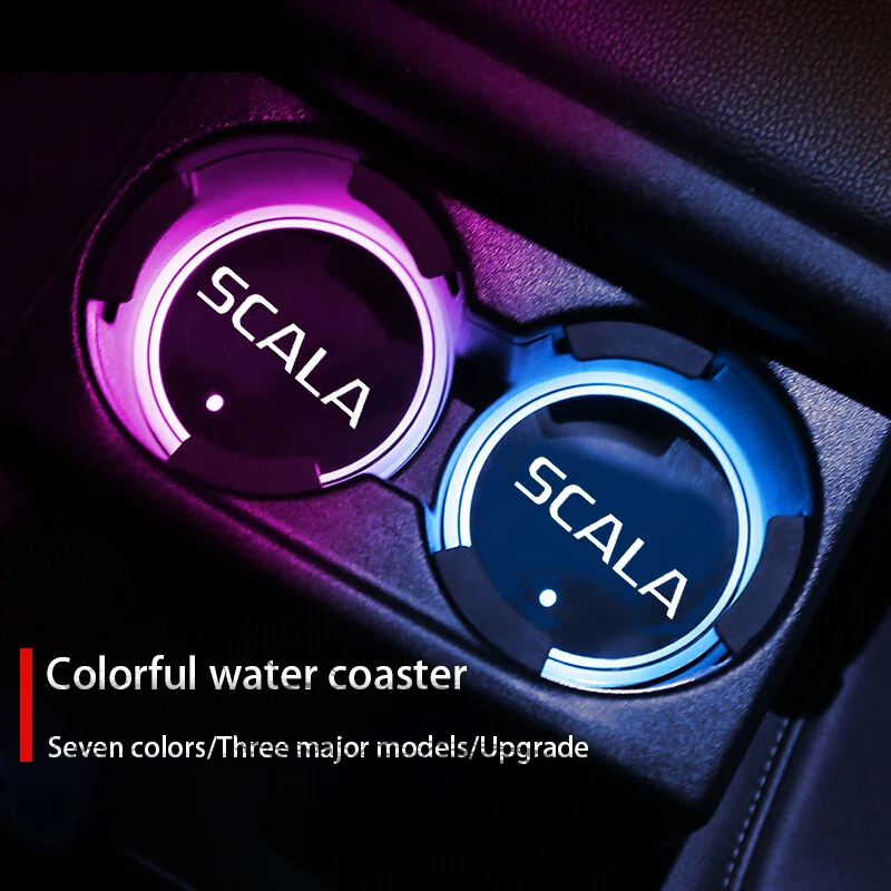 Luminous Car Water Cup Coaster Holder 7 Colorful USB Charging Car Led Atmosphere Light For Skoda Scala Vrs Auto Accessories