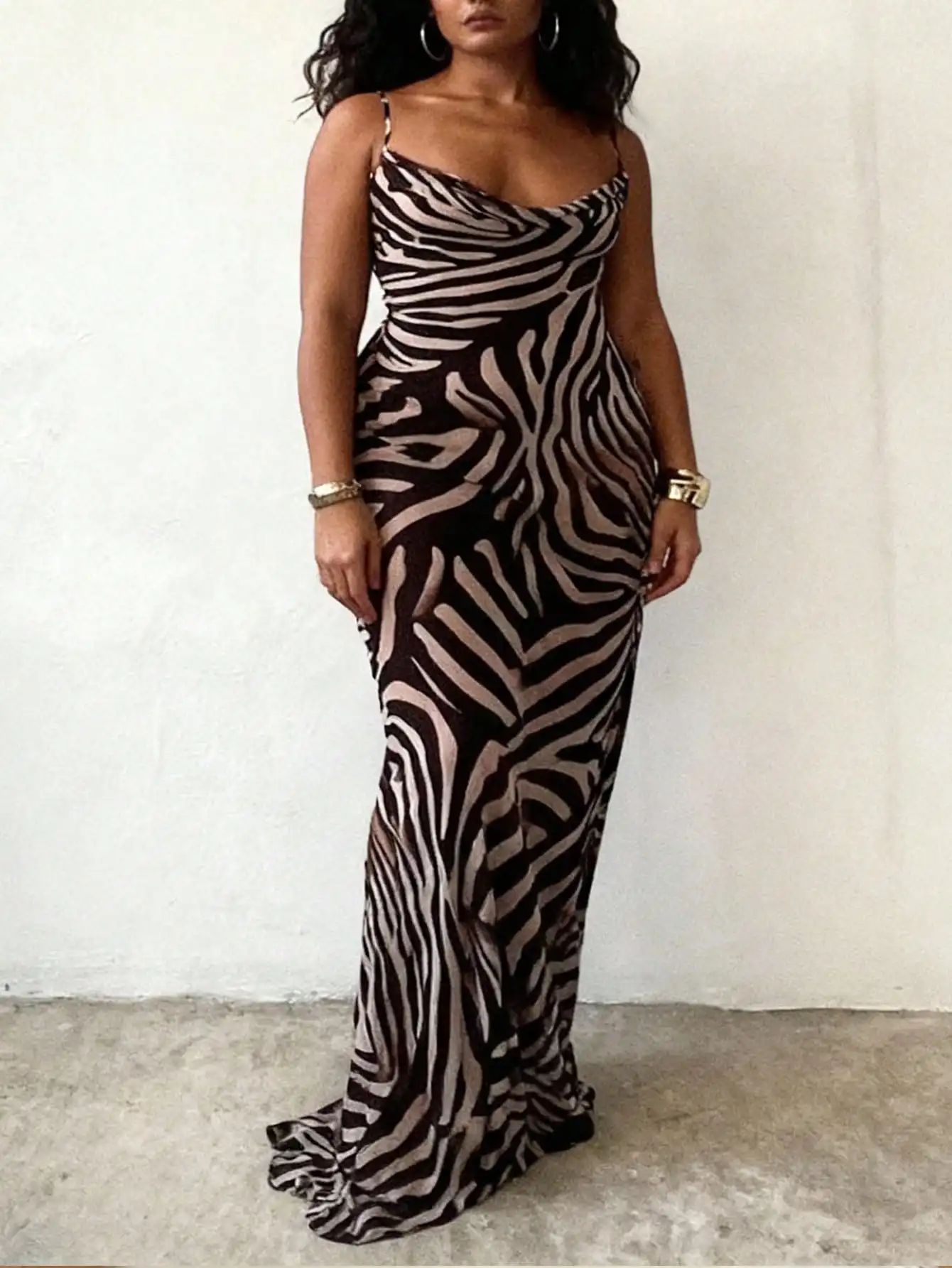 

Elegant Draped Neck Slim Fit Zebra Print Maxi Dress for Vacation & Daily Wear