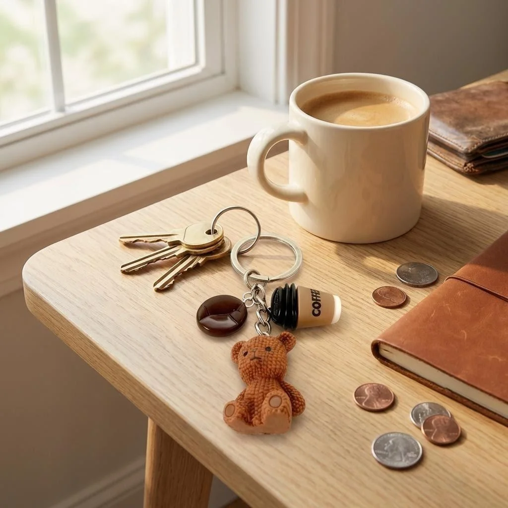 Cute Teddy Bear Coffee Keychain 3D Resin Bear with Coffee Cup Bean Charm Key Ring Bag Pendant for Women Girls Gift Accessories