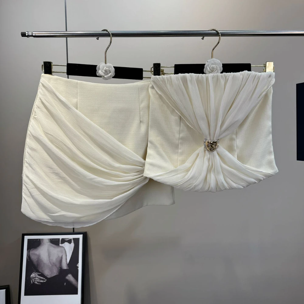 

VGH French Temperament Two Piece Set for Women Strapless Sleeveless Top with Metal Patchwork Mesh Mini Skirt Sexy Suit Female