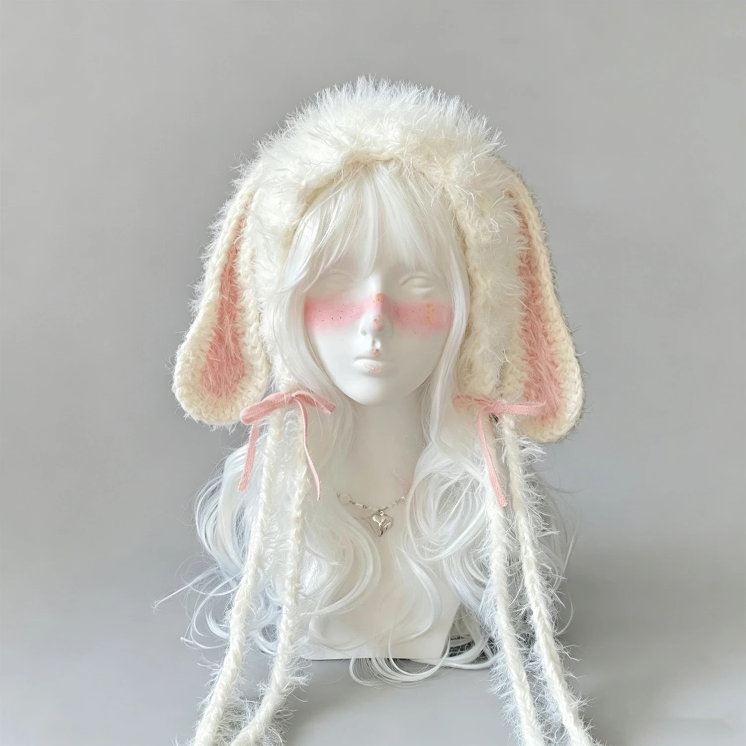 Custom Handmade Crochet White Pink Bunny Rabbit Ears Hat Women Fuzzy Knitted Beanie Girls Sweet Lolita Cosplay Winter Warm Cap