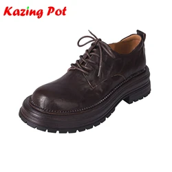 Krazing Po Sheepskin Autumn Shoes Lace Up Round Toe Preppy Style Platform Thick Bottom Med Heels Dating Superstar Women Pumps