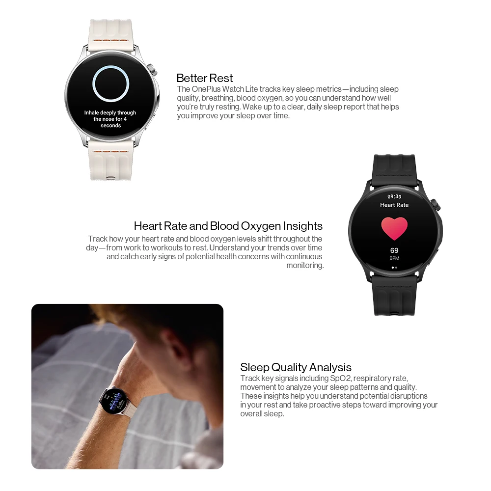 Reloj inteligente OnePlus Watch Lite, pantalla de 1,46 pulgadas, 59 g, 10 días de autonomía fiable, monitorización de la frecuencia cardíaca y del oxígeno en sangre. 5
