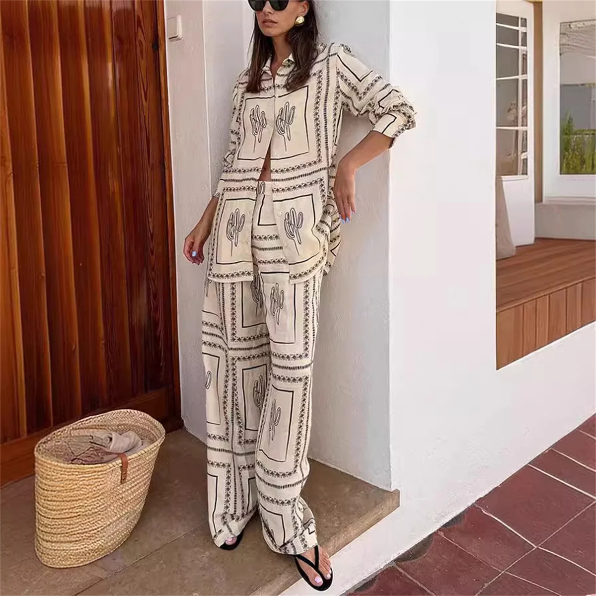 Female Print Suit Women Casual Loose Lapel Long Sleeve Button Blouse Wide Leg Trousers 2024 Spring Summer Soft Commute Outwear