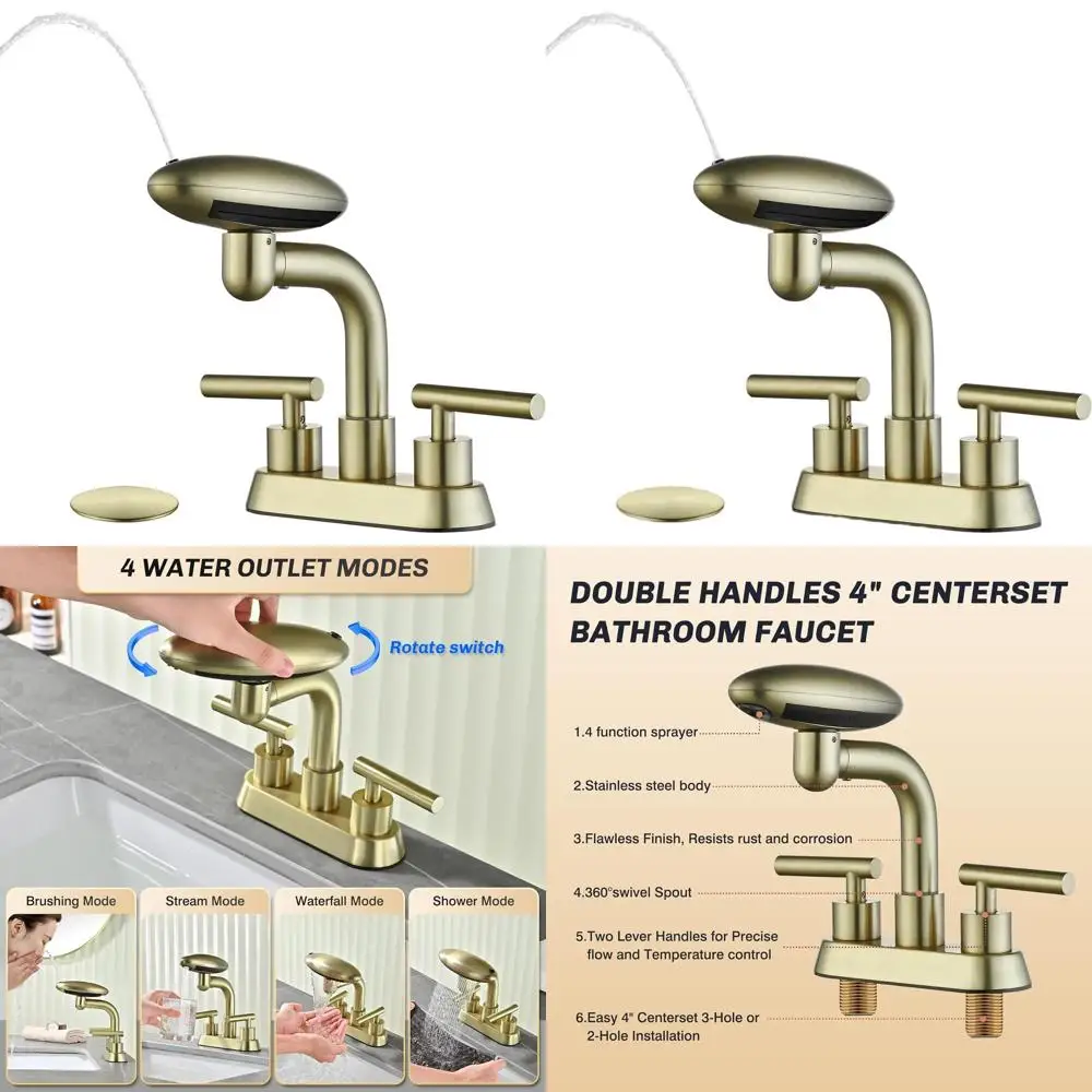 

4 Centerset 3-Hole Brushed Gold Bathroom Faucet with 4 Modes, 2 Handles, 360° Swivel Spout and Pop-Up Drain