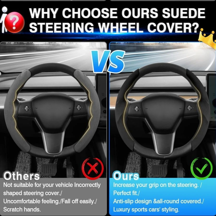 2PCS Suede Steering Wheel Cover For Tesla Model 3 Highland 2024 Model Y 3 Nonslip Car Wheel Protector Decoration Accessories