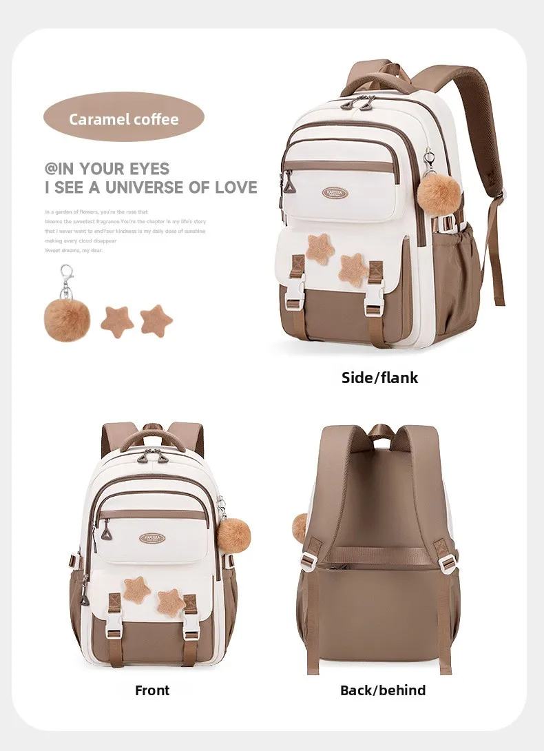 Primary Middle School Backpack for Girls Cute Backpack for School Pink School Bag for Teen Girls with Star Pins Furry Pendant