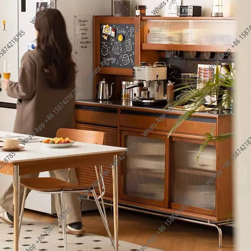 Nordic medieval solid wood dining side cabinet small apartment living room wall storage cabinet dining room glass door storage