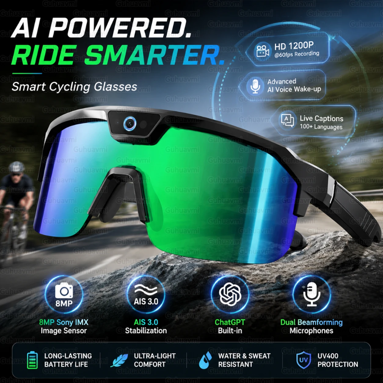 800W HD Camera AI Smart Cycling Sunglasses 1200P Recording Real-Time Translation Dual Mic IPX5 Waterproof MTB Road Bike Eyewear