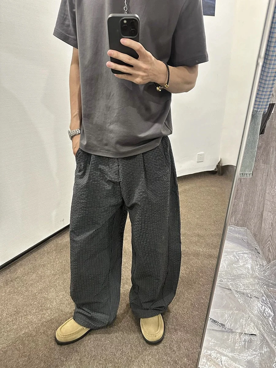 

American Retro Plaid Loose Fit Casual Pants Men Women Cleanfit Wide Leg Pants Straight Cut Elastic Waist Youthful Energy Style