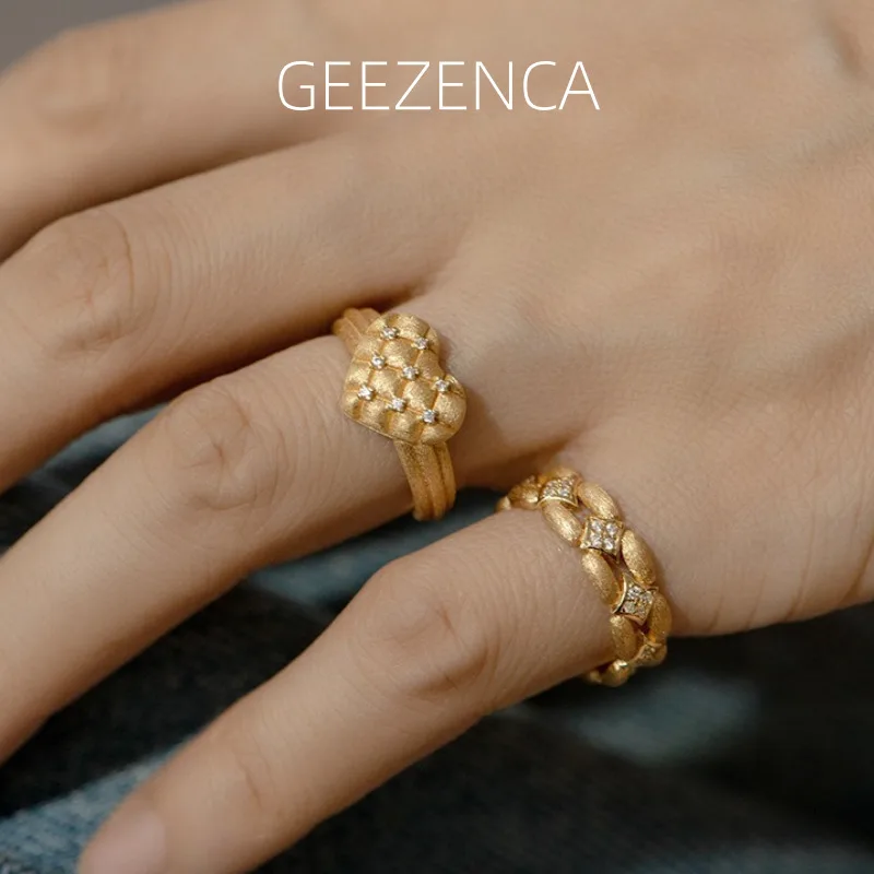 GEEZENCA 925 Silver Gold Plated Brushed Band Rings For Women Cubic Zirconia Heart Diamond Italian Trendy Statement Dainty Ring
