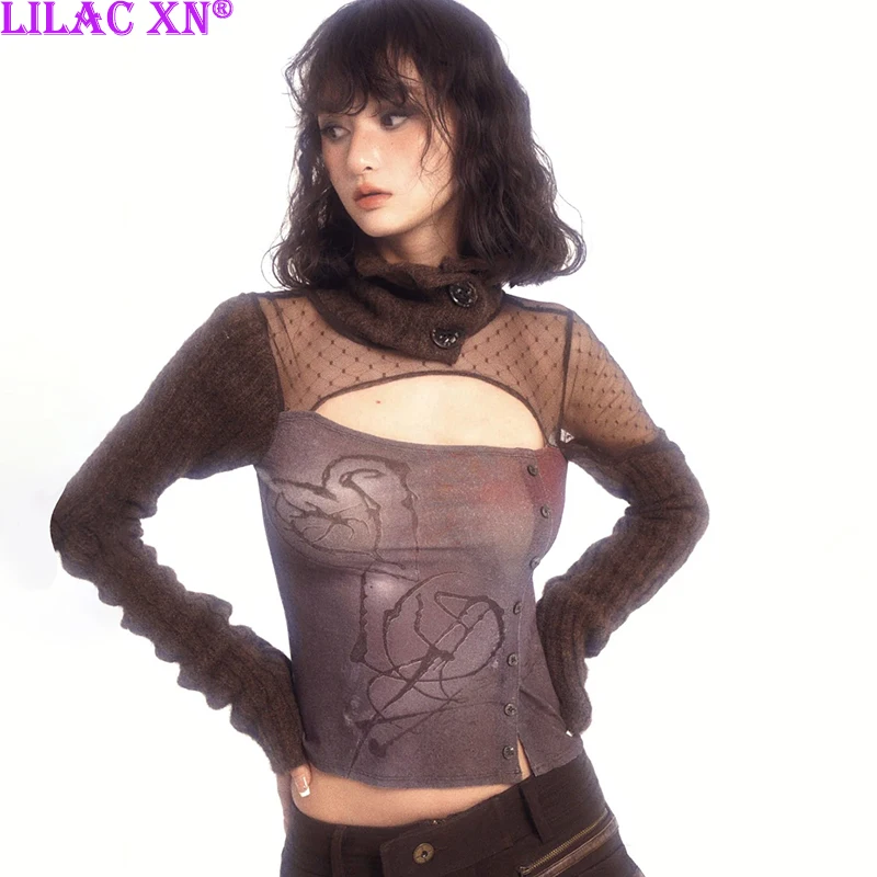 

Y2K Sexy Lace Mesh See Through Patchwork Print Long Sleeve Corset Crop Tops Vintage Brown High Collar Women T-Shirts Autumn Tees